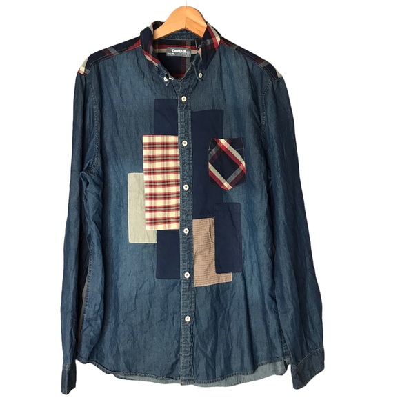 Desigual Other - Men's XL Desigual Long Sleeve Button Down Shirt Denim Patchwork Cotton Shacket